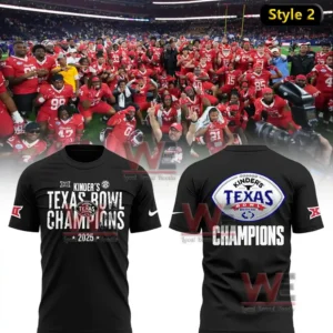 Alt text black Texas Bowl Champions 2025 t shirt with front title design and back Texas Bowl emblem above the word Champions.