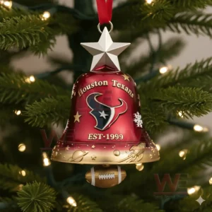 Houston Texans christmas bell ornament with star topper football charm and festive tree background!