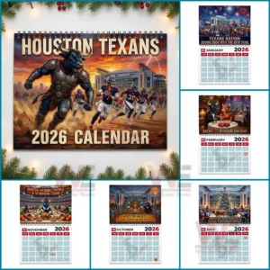 Cover of a Houston Texans twenty twenty six calendar showing players running beside an armored bull in front of a stadium.