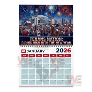 Houston Texans 2026 Wall Calendar 7 January twenty twenty six calendar page with Houston Texans fans and players celebrating in front of the stadium with fireworks.
