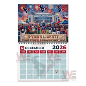 Houston Texans 2026 Wall Calendar 8 December twenty twenty six calendar page with Houston Texans themed patriotic celebration in front of the stadium.
