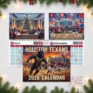 Houston Texans 2026 Wall Calendar 9 Collage of Houston Texans twenty twenty six calendar pages including July December and the main cover.