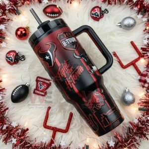 Flat lay of a Houston Texans tumbler with handle and straw on a white festive background!
