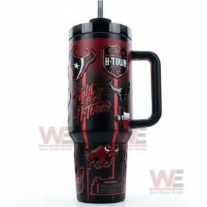 Front view of a Houston Texans tumbler with handle and straw on a plain white background!