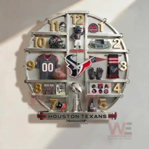 Three dimensional Houston Texans wall clock with red blue silver team theme football memorabilia and a strong decorative structure!
