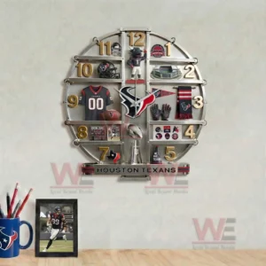 Houston Texans Home Decorative 3D Wall Clock 5 Houston Texans wall clock above a desk with football photo mug and clean workspace decor!