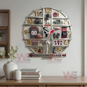 Houston Texans Home Decorative 3D Wall Clock 6 Houston Texans decorative wall clock displayed in a modern living room with wooden furniture and clean interior styling!