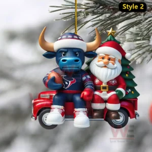 Houston Texans Mascot Toro, Grinch and Santa Claus Christmas Ornament 4 A Texans bull mascot and Santa Claus sitting on a red vehicle ornament hanging from a snowy tree!