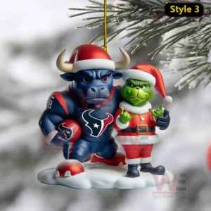 Houston Texans Mascot Toro, Grinch and Santa Claus Christmas Ornament 5 A Texans bull mascot ornament standing with a green Santa suited character on a snowy ornament base!