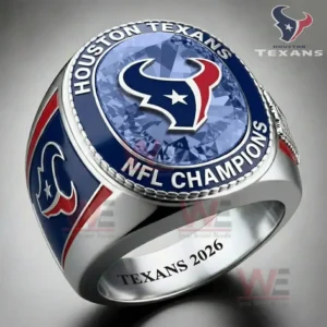 Houston Texans fan ring with blue gemstone center silver band and bull logo representing strength pride and football loyalty!