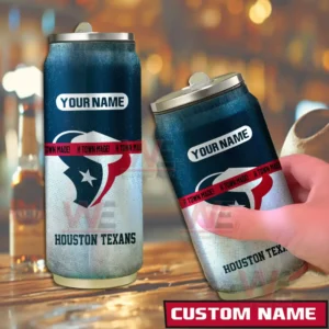 Two custom Houston Texans can shaped tumblers placed on a wooden bar surface with team graphics and an editable name panel!