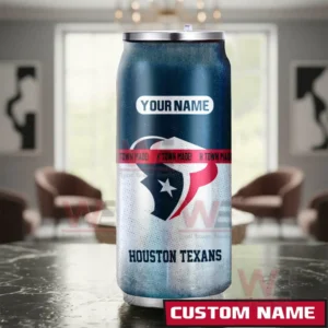 Houston Texans NFL Personalized Can Tumbler 5 A custom Houston Texans can shaped tumbler placed in a living room setting with strong team colors and a space for text personalization!