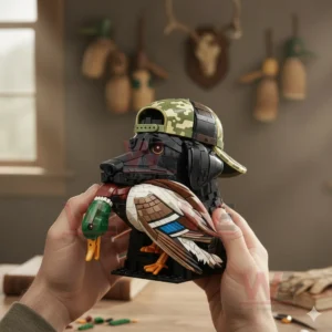 Brick built hunting dog figure with camo hat and duck detail held carefully by hands!