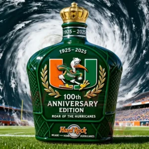 Green glass whiskey bottle with crown cap centennial design football stadium setting and swirling hurricane background!