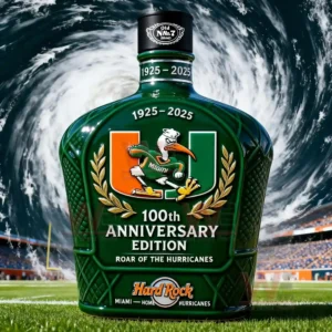 Hurricanes 100th Anniversary Whiskey Bottle 5 Centennial green whiskey bottle with black cap stadium field and dramatic hurricane sky!