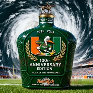 Hurricanes 100th Anniversary Whiskey Bottle 6 Green anniversary whiskey bottle with horse statue cap football field and swirling hurricane backdrop!