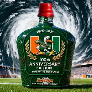 Hurricanes 100th Anniversary Whiskey Bottle 7 Green centennial whiskey bottle with red cap football stadium grass and intense hurricane background!