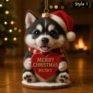 A husky puppy ornament wearing a Santa hat and scarf holding a red Christmas heart in a warm festive room!