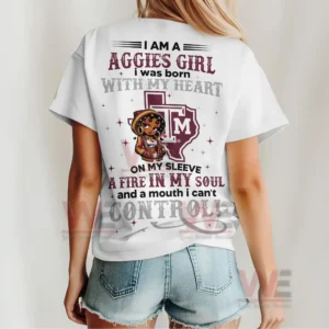 White Texas AM t shirt seen from behind featuring Aggies Girl slogan Texas outline mascot illustration and decorative typography!