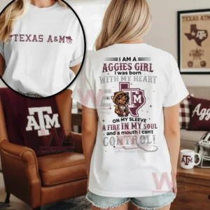 Texas AM white t shirt shown from front and back with detailed graphic on the back and simple text on the front in a home setting!