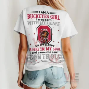 White Buckeyes Girl shirt seen from behind with large typography decorative elements and a central illustration expressing strong school pride!