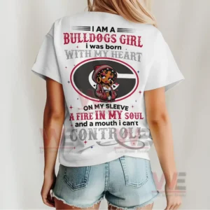 Back view of a white Georgia Bulldogs shirt with graphic text logo and a confident illustrated girl in team colors!