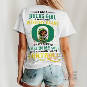 I am a Ducks Girl Oregon Ducks Shirt 4 White Ducks Girl shirt seen from behind with large typography decorative details and central illustration!