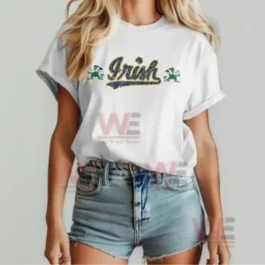 Front view of a white Irish team shirt with decorative lettering and small green mascots!
