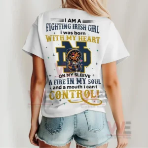 I am a Fighting Irish Girl Notre Dame Fighting Irish Shirt 4 Back view of a white Fighting Irish shirt with bold text emblem and illustrated female character!