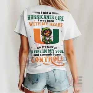 Back view of a white Hurricanes shirt with green and orange graphics and confident illustrated girl artwork!