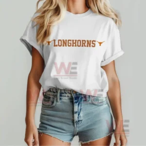 White Longhorns shirt front view with orange text simple layout and relaxed casual fit!