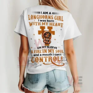 I am a Longhorns Girl Texas Longhorns Shirt 4 White Longhorns Girl shirt seen from behind with bold typography decorative details and central illustration!