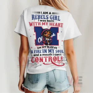 I am a Rebels Girl Ole Miss Rebels Shirt 4 Back view of a white Rebels shirt with bold lettering emblem and illustrated girl artwork!