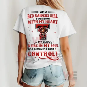 White Red Raiders Girl shirt seen from behind with bold typography decorative details and a central illustration!