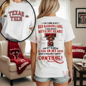 I am a Red Raiders Girl Texas Tech Red Raiders Shirt 5 Texas Tech Red Raiders white shirt shown from front and back with detailed graphic on the back and bold text on the front indoors!