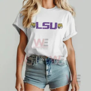 White LSU shirt front view with purple text tiger symbols and a relaxed casual fit!