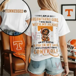 I am a Volunteers Girl Tennessee Volunteers Shirt 5 Person wearing a white Volunteers shirt indoors with sports decor and casual atmosphere!