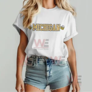White Michigan shirt front view with bold lettering team colors and relaxed casual fit!