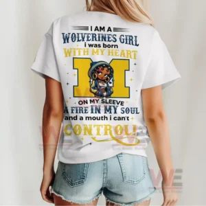 White Wolverines Girl shirt seen from behind with decorative typography central illustration and vibrant team colors!