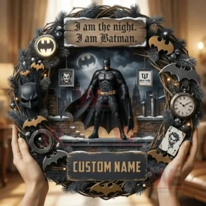 Christmas wreath ornament with a dark caped hero figure city background themed icons winter greenery and custom name sign!