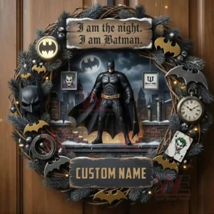 I am the night I am Batman Custom Christmas Wreath Ornament 3 Batman themed christmas wreath hanging on a door with dark hero figure city skyline gothic ornaments and winter foliage!