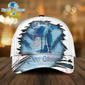 White Kenny Chesney baseball cap with tropical artwork and I go back twenty twenty six text on the front panel!