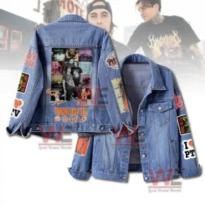 Pierce The Veil themed denim jacket shown in a promotional scene with collage back design and band inspired details!