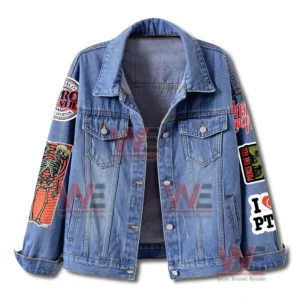 I Love Pierce the Veil Denim Jacket 4 Front view of a blue Pierce The Veil denim jacket with band patches and structured collar!