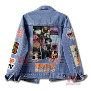 I Love Pierce the Veil Denim Jacket 5 Back view of a Pierce The Veil denim jacket with collage artwork and graphic band design!