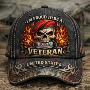 Front view of a distressed black cap with a flaming skull wearing a red beret DD 214 emblem and the text Im proud to be a Veteran United States.