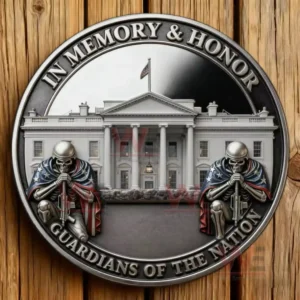 A circular memorial coin with two skeletal guardians kneeling beside a national building holding rifles in a stance of eternal vigilance!