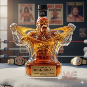 A sculpted wrestler bottle standing on a fluffy surface with wrestling memorabilia surrounding it!