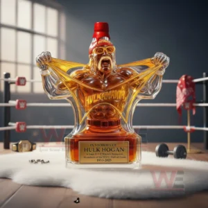 A wrestler themed bottle resting on a soft surface with sports decor behind it!