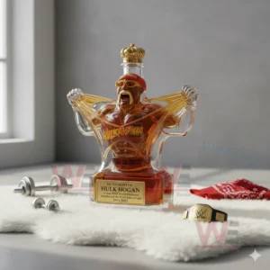 A sculpted wrestler bottle placed on a white rug with fitness items and memorabilia around it!